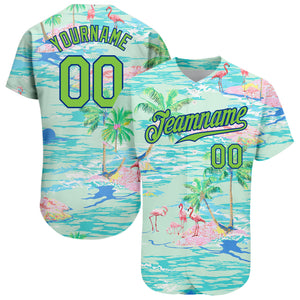 Custom Lakes Blue Neon Green-Royal 3D Pattern Design Beach Hawaii Palm Trees And Flamingo Authentic Baseball Jersey