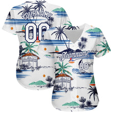 Load image into Gallery viewer, Custom White Navy 3D Pattern Design Hawaii Palm Trees Island And Sailboat Authentic Baseball Jersey
