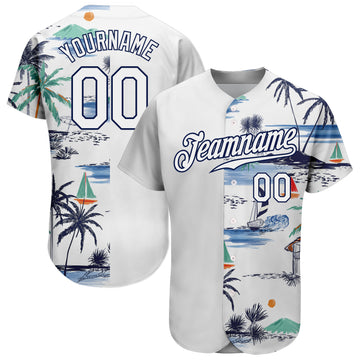 Custom White Navy 3D Pattern Design Hawaii Palm Trees Island And Sailboat Authentic Baseball Jersey
