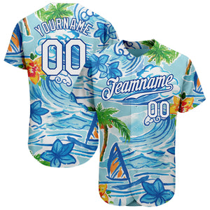 Custom White Royal 3D Pattern Design Beach Hawaii Palm Trees And Flowers Authentic Baseball Jersey