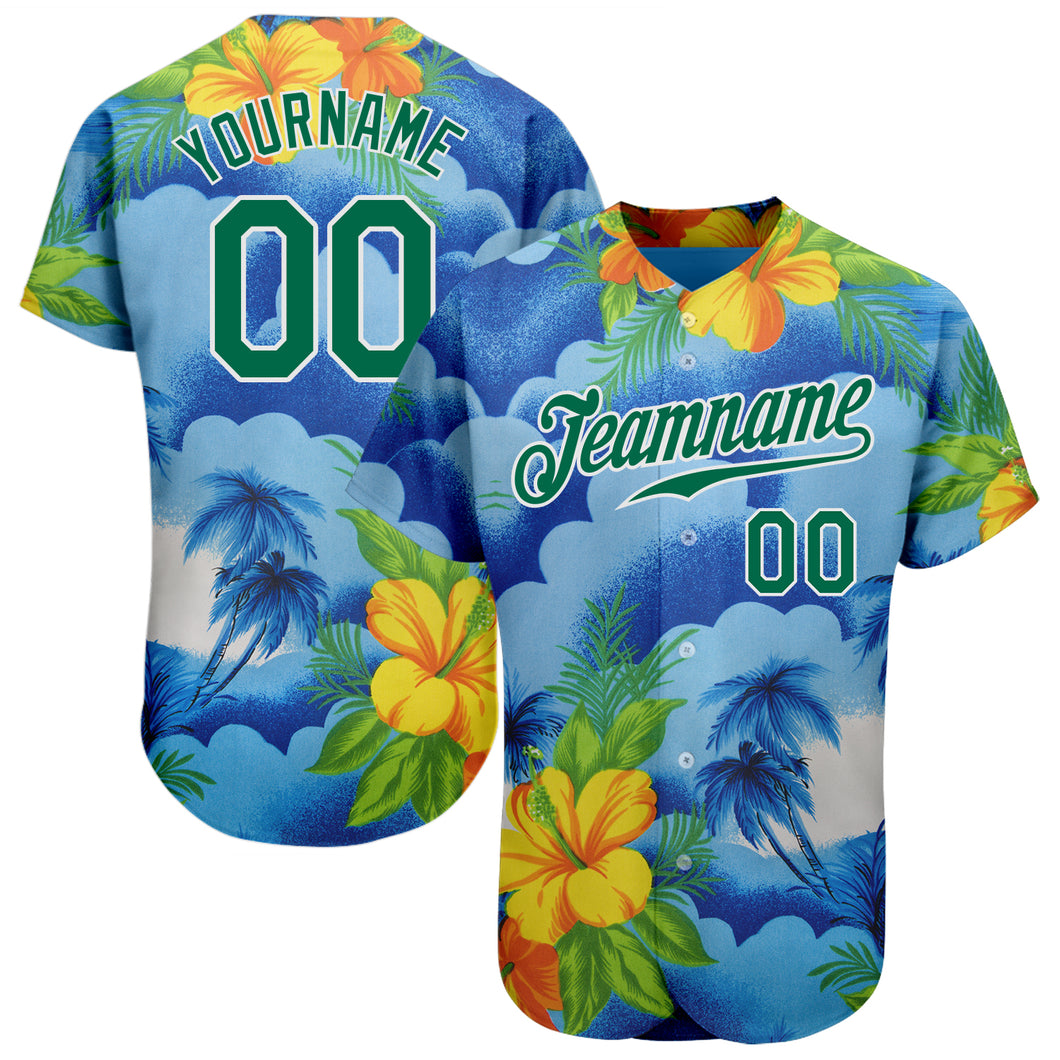 Custom White Kelly Green 3D Pattern Design Beach Hawaii Palm Trees And Flowers Authentic Baseball Jersey