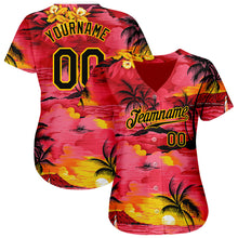 Load image into Gallery viewer, Custom Red Black-Yellow 3D Pattern Design Sun Beach Hawaii Palm Trees Authentic Baseball Jersey
