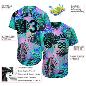 Custom Teal Black 3D Pattern Design Hawaii Palm Leaves Authentic Baseball Jersey