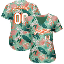 Load image into Gallery viewer, Custom Teal White-Orange 3D Pattern Design Hawaii Palm Leaves And Flowers Authentic Baseball Jersey

