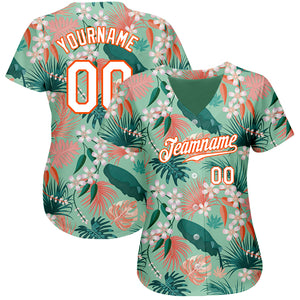 Custom Teal White-Orange 3D Pattern Design Hawaii Palm Leaves And Flowers Authentic Baseball Jersey