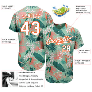 Custom Teal White-Orange 3D Pattern Design Hawaii Palm Leaves And Flowers Authentic Baseball Jersey