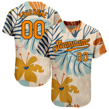 Custom Cream Bay Orange-Black 3D Pattern Design Hawaii Palm Leaves And Flowers Authentic Baseball Jersey
