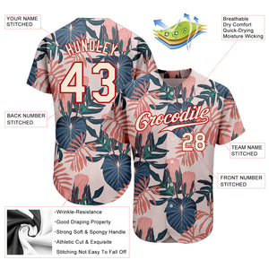 Custom Cream Red 3D Pattern Design Hawaii Palm Leaves And Flowers Authentic Baseball Jersey