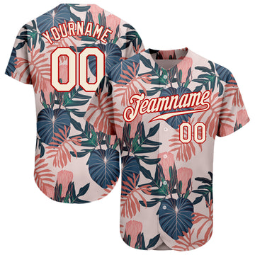Custom Cream Red 3D Pattern Design Hawaii Palm Leaves And Flowers Authentic Baseball Jersey