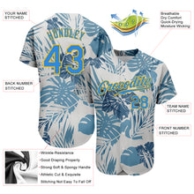 Load image into Gallery viewer, Custom White Electric Blue-Gold 3D Pattern Design Hawaii Palm Leaves And Flowers Authentic Baseball Jersey
