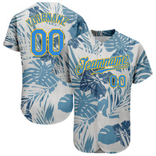 Load image into Gallery viewer, Custom White Electric Blue-Gold 3D Pattern Design Hawaii Palm Leaves And Flowers Authentic Baseball Jersey
