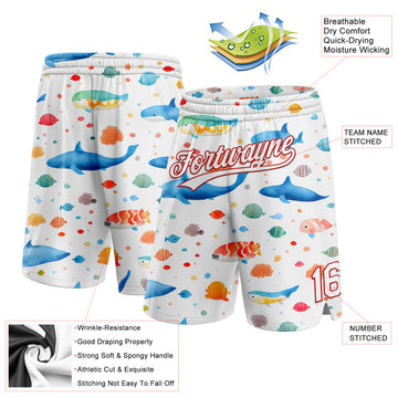 Custom White Red 3D Pattern Whale And Fish Authentic Basketball Shorts