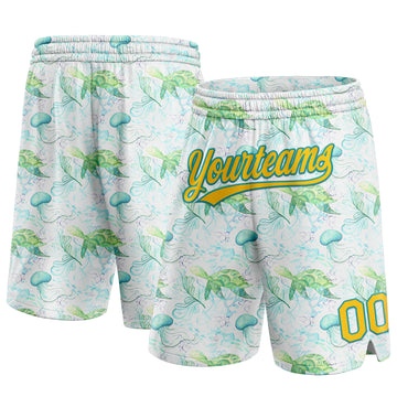 Custom White Yellow-Teal 3D Pattern Aquatic Plants And Jellyfish Authentic Basketball Shorts