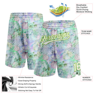 Custom White Aurora Green 3D Pattern Aquatic Plants And Conch Authentic Basketball Shorts
