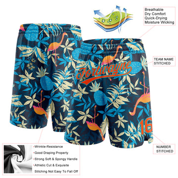 Custom Black Orange-Lakes Blue 3D Pattern Hawaii Palms Leave And Flamingo Authentic Basketball Shorts