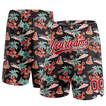 Custom Black Red-White 3D Pattern Sun Beach Hawaii Palm Trees And Lobster Authentic Basketball Shorts