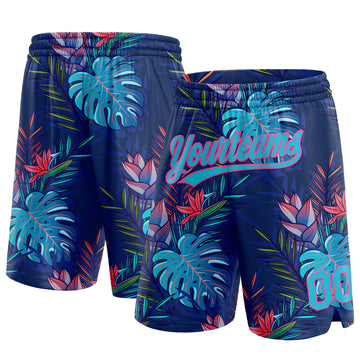 Custom Navy Lakes Blue-Pink 3D Pattern Hawaii Palm Leaves Authentic Basketball Shorts