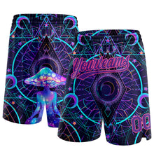 Load image into Gallery viewer, Custom Black Purple-Pink 3D Pattern Magic Mushrooms Over Sacred Geometry Psychedelic Hallucination Authentic Basketball Shorts
