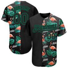 Load image into Gallery viewer, Custom Black Kelly Green 3D Pattern Design Hawaii Flamingos And Leaves Authentic Baseball Jersey
