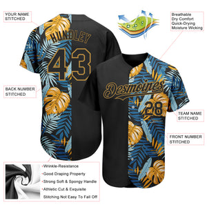 Custom Black Old Gold 3D Pattern Design Hawaii Tropical Leaves Authentic Baseball Jersey