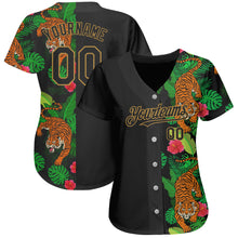 Load image into Gallery viewer, Custom Black Old Gold 3D Pattern Design Hawaii Tropical Tiger Authentic Baseball Jersey
