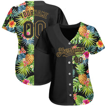 Load image into Gallery viewer, Custom Black Old Gold 3D Pattern Design Hawaii Tropical Pineapples, Palm Leaves And Flowers Authentic Baseball Jersey
