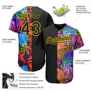 Custom Black Yellow 3D Pattern Design Hawaii Tropical Palm Trees Authentic Baseball Jersey