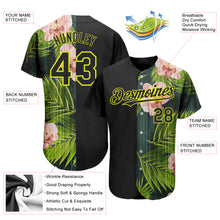 Load image into Gallery viewer, Custom Black Neon Yellow 3D Pattern Design Hawaii Tropical Palm Leaves With Orchids Authentic Baseball Jersey
