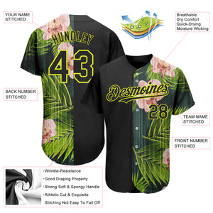 Custom Black Neon Yellow 3D Pattern Design Hawaii Tropical Palm Leaves With Orchids Authentic Baseball Jersey