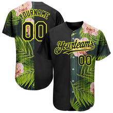 Load image into Gallery viewer, Custom Black Neon Yellow 3D Pattern Design Hawaii Tropical Palm Leaves With Orchids Authentic Baseball Jersey
