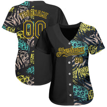 Load image into Gallery viewer, Custom Black Yellow 3D Pattern Design Hawaii Tropical Palm Leaves With Animal Print Authentic Baseball Jersey
