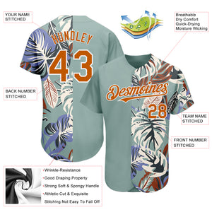 Custom Teal Texas Orange-White 3D Pattern Design Hawaii Tropical Palm Leaves Authentic Baseball Jersey