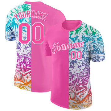 Custom Pink White 3D Pattern Design Tropical Palm Leaves Performance T-Shirt