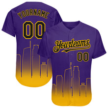 Load image into Gallery viewer, Custom Purple Black-Gold 3D Los Angeles City Edition Fade Fashion Authentic Baseball Jersey
