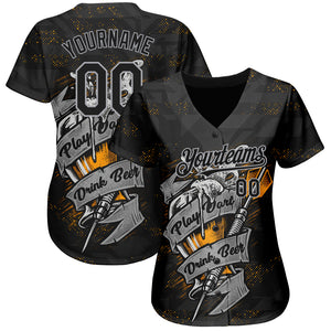 Custom Black Gray 3D Pattern Design Play Dart Drink Beer Authentic Baseball Jersey