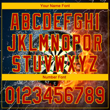 Load image into Gallery viewer, Custom Black Red-Gold 3D Pattern Design Flame Dart Board Authentic Baseball Jersey
