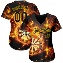 Load image into Gallery viewer, Custom Black Gold 3D Pattern Design Flame Dart Board Authentic Baseball Jersey
