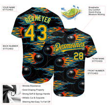 Load image into Gallery viewer, Custom Black Gold-Lakes Blue 3D Pattern Design Bowling Ball With Hotrod Flame Authentic Baseball Jersey
