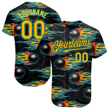 Load image into Gallery viewer, Custom Black Gold-Lakes Blue 3D Pattern Design Bowling Ball With Hotrod Flame Authentic Baseball Jersey
