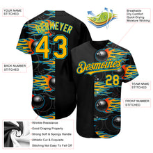 Load image into Gallery viewer, Custom Black Gold-Lakes Blue 3D Pattern Design Bowling Ball With Hotrod Flame Authentic Baseball Jersey Ball
