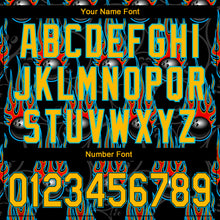 Load image into Gallery viewer, Custom Black Gold-Lakes Blue 3D Pattern Design Bowling Ball With Hotrod Flame Authentic Baseball Jersey
