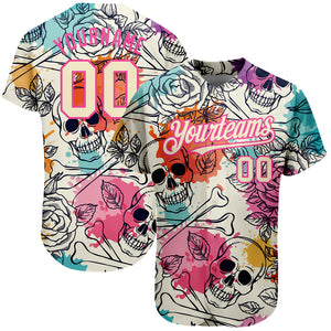 Custom Cream Pink-Black 3D Flower And Skull Fashion Authentic Baseball Jersey