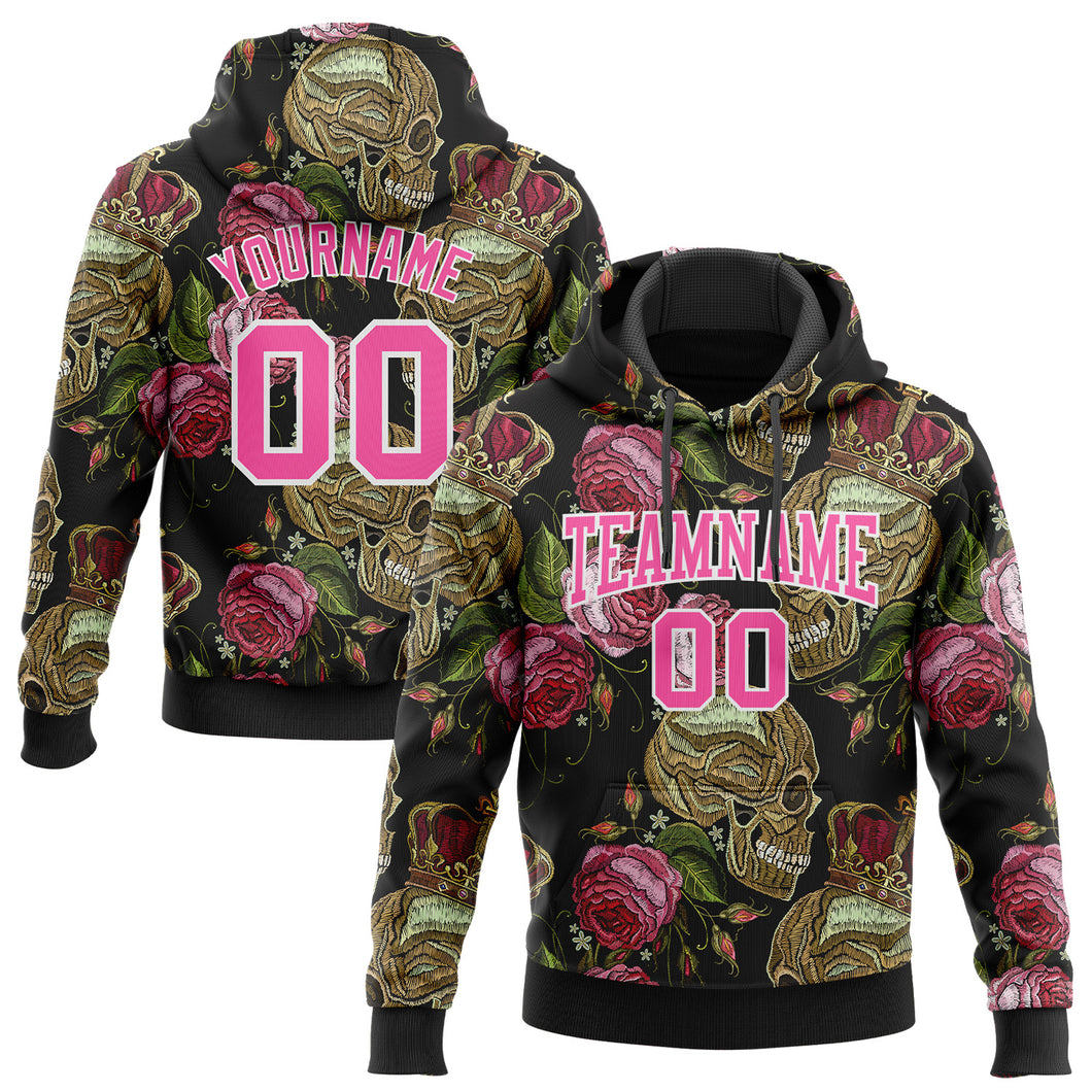 Custom Stitched Black Pink-White 3D Skull Fashion Flower Sports Pullover Sweatshirt Hoodie