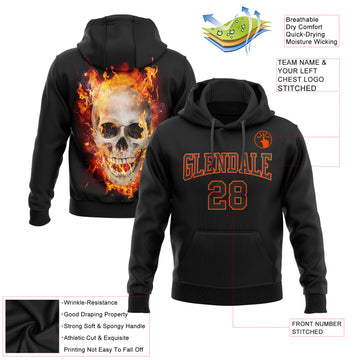 Custom Stitched Black Orange 3D Skull Fashion Flame Sports Pullover Sweatshirt Hoodie