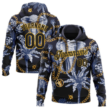 Custom Stitched Navy Black-Gold 3D Pattern Design Elephant And Tropical Palm Tree Sports Pullover Sweatshirt Hoodie
