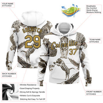 Custom Stitched White Old Gold-Black 3D Pattern Design Tiger And Eagle Sports Pullover Sweatshirt Hoodie