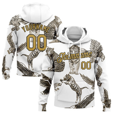 Custom Stitched White Old Gold-Black 3D Pattern Design Tiger And Eagle Sports Pullover Sweatshirt Hoodie