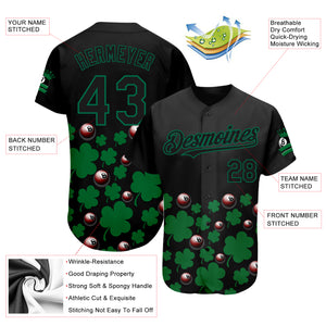 Custom Black Green 3D Pattern Design Clovers And Billiards Balls St. Patrick's Day Authentic Baseball Jersey