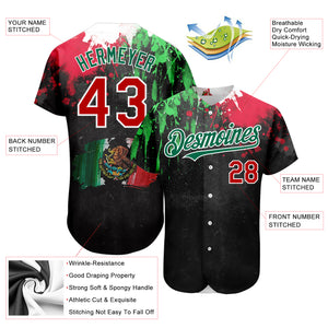 Custom Black Red Kelly Green 3D Mexican Flag Watercolored Splashes Grunge Design Authentic Baseball Jersey