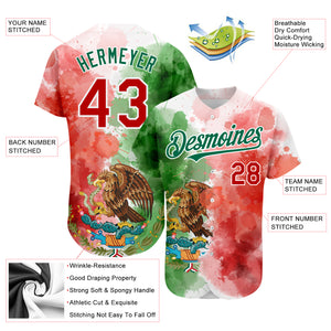 Custom Kelly Green Red-White 3D Mexican Flag Watercolored Splashes Grunge Design Authentic Baseball Jersey